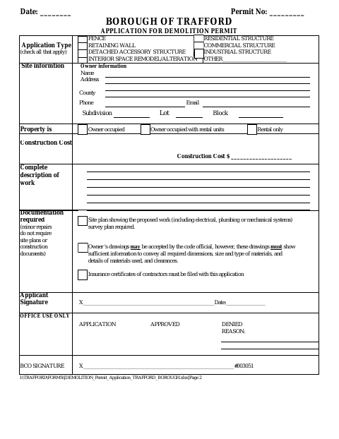 First page of the Application for Demolition Permit