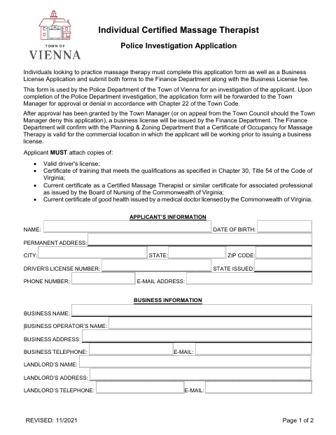 First page of the Individual Certified Massage Therapy Application