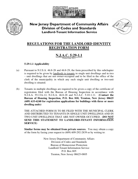 First page of the Landlord Identity Registration Statement One and Two-Unit Dwelling Registration Form