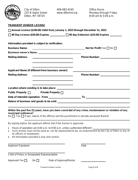 First page of the Transient Vendor License Application