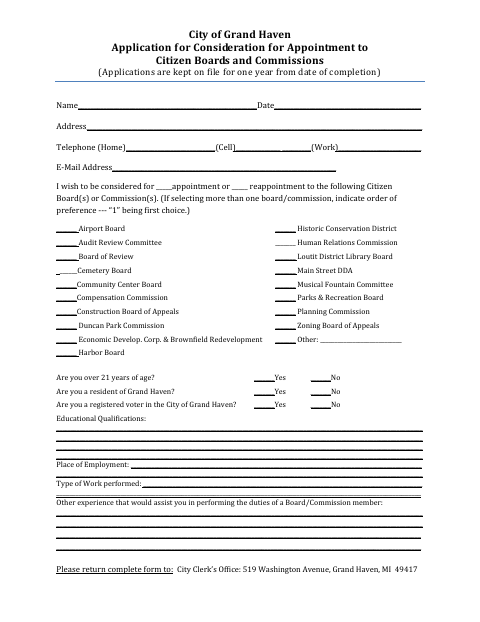 First page of the Application for Consideration for Appointment to Citizen Boards and Commissions