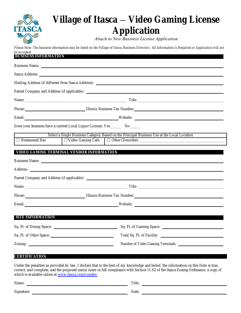 First page of the Video Gaming License Application