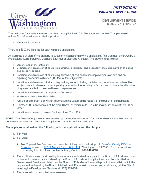 First page of the Variance Application