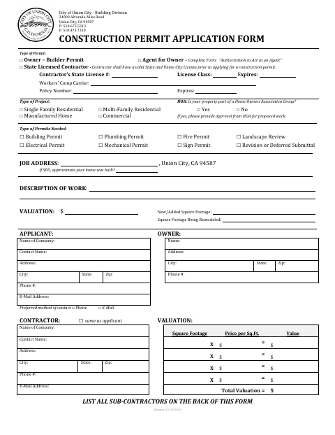 First page of the Construction Permit Application Form