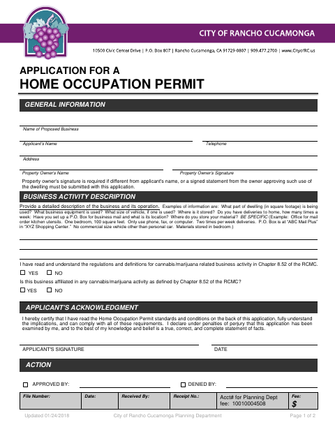 First page of the Application For A Home Occupation Permit