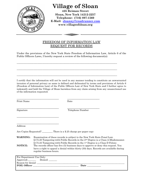 First page of the Freedom of Information Law Request for Records