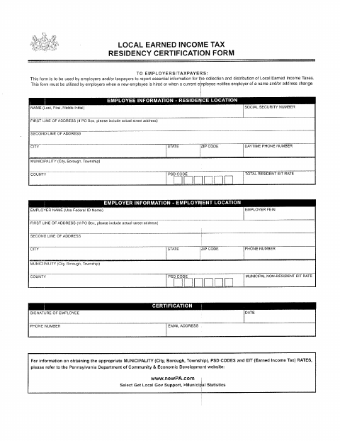 First page of the Residency Certification Form