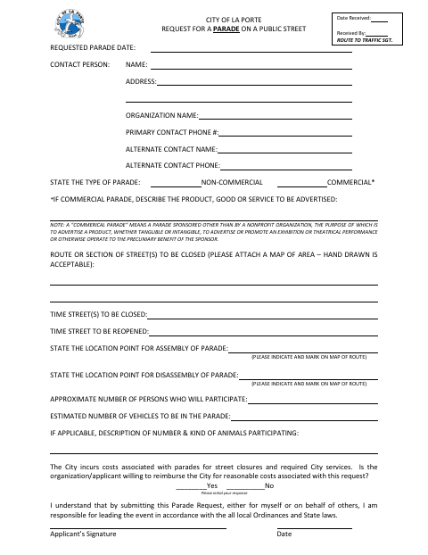 First page of the Request for a Parade on a Public Street