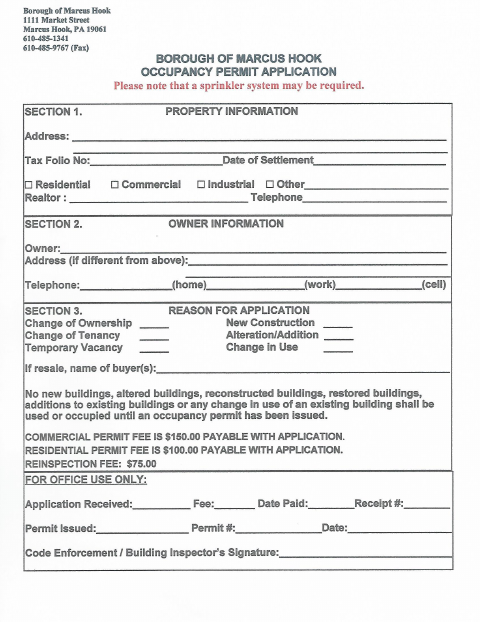 First page of the Occupancy Permit Application