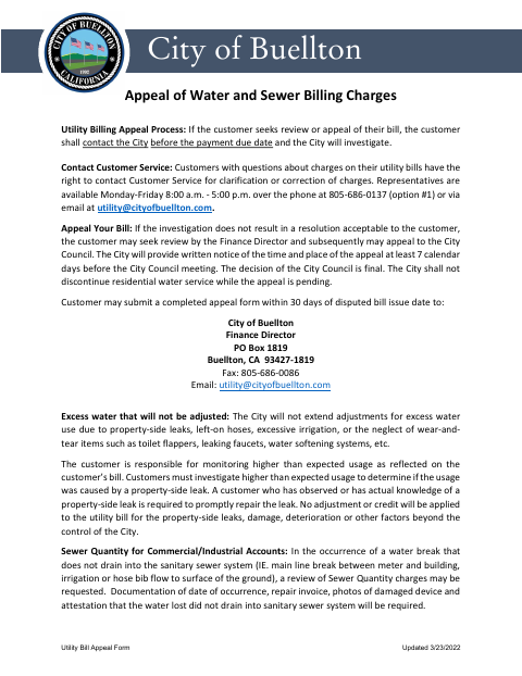 First page of the Utility Bill Appeal Form