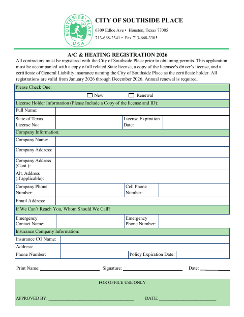 First page of the A/C & Heating Registration 2026
