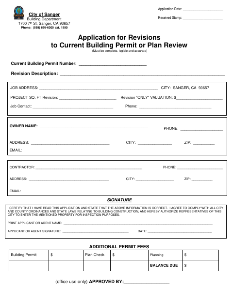 First page of the Application for Revisions to Current Building Permit or Plan Review