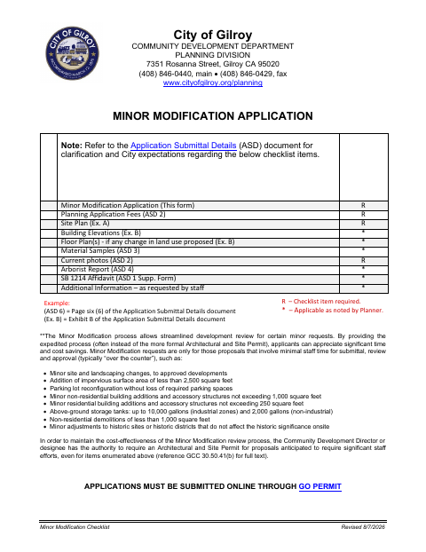 First page of the Minor Modification Checklist