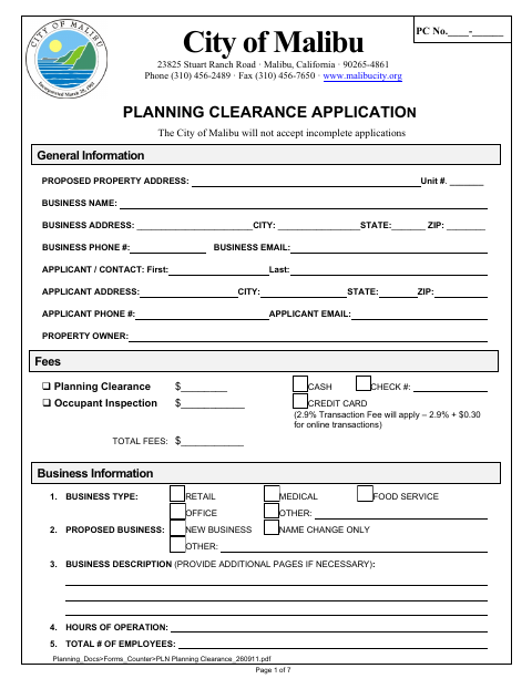 First page of the Planning Clearance Application
