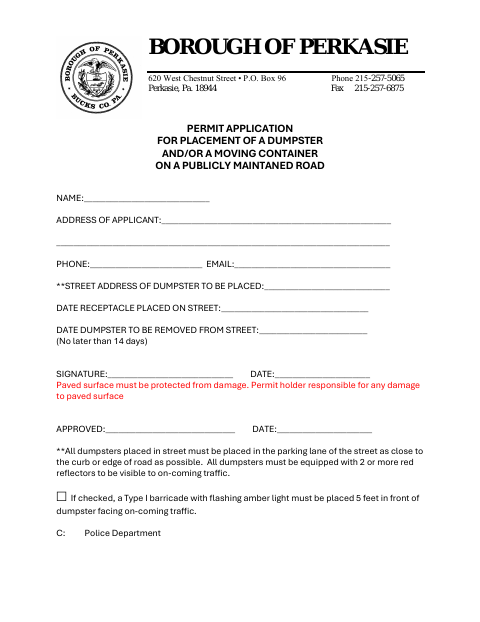 First page of the Dumpster Placement Permit Application
