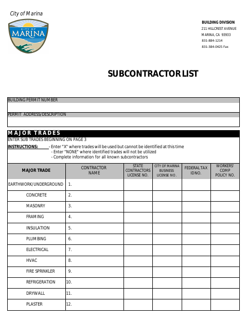 First page of the Subcontractor List
