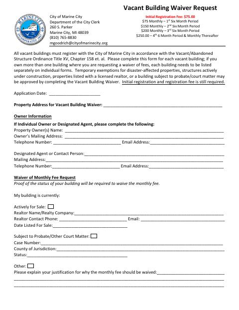 First page of the Vacant Building Waiver Request