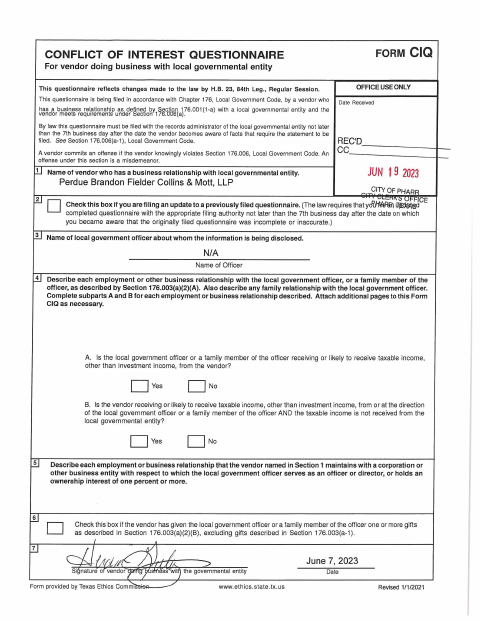 First page of the Conflict of Interest Questionnaire