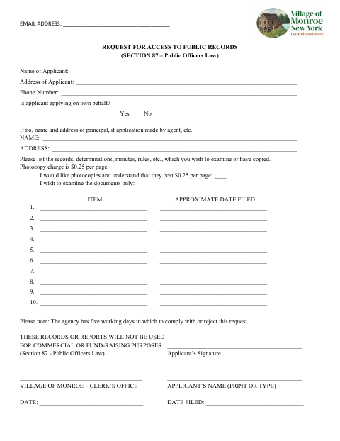 First page of the Request for Access to Public Records
