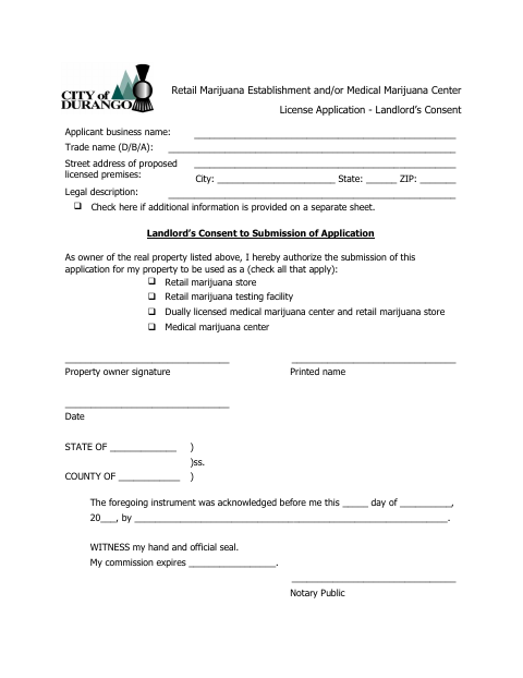 First page of the Marijuana License Application Landlord’s Consent