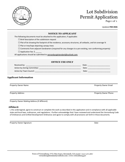 First page of the Lot Subdivision Permit Application