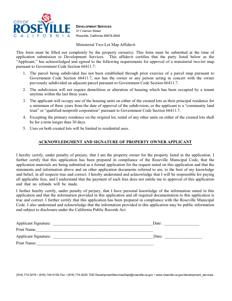 First page of the Ministerial Two-Lot Map Affidavit