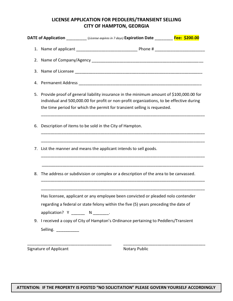 First page of the License Application for Peddlers/Transient Selling