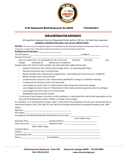First page of the Sub-Contractor Affidavit