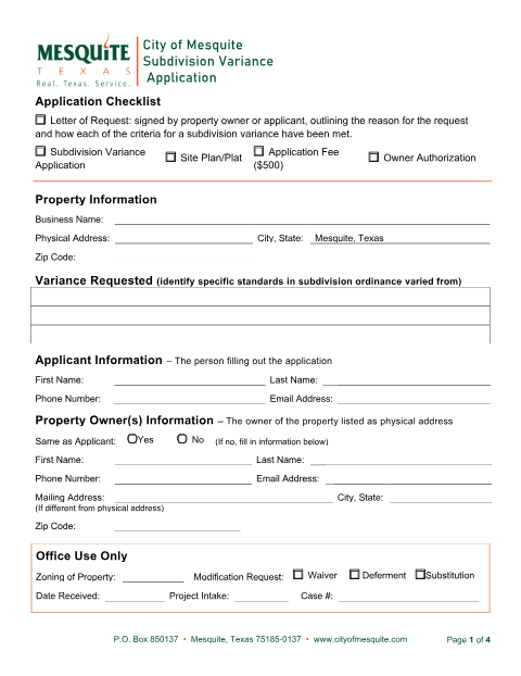 First page of the Subdivision Variance Application