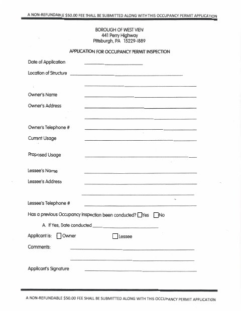 First page of the Occupancy Permit Inspection Application