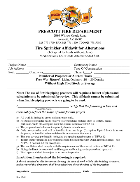 First page of the Fire Sprinkler Affidavit