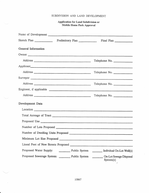First page of the Subdivision and Land Development Application