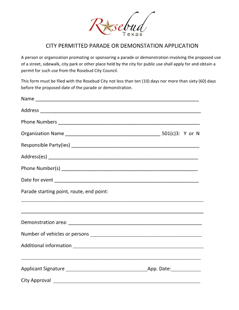 First page of the Parade or Demonstration Application