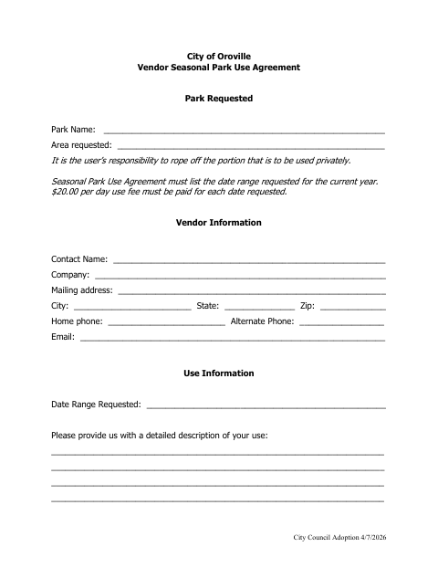 First page of the Vendor Seasonal Park Use Agreement