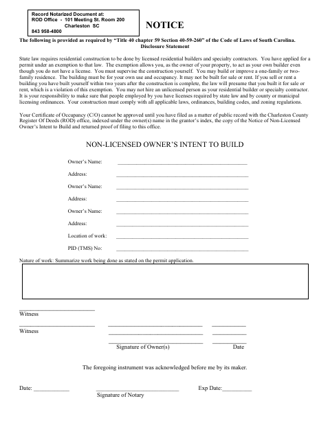 First page of the Non-Licensed Owner’s Intent to Build