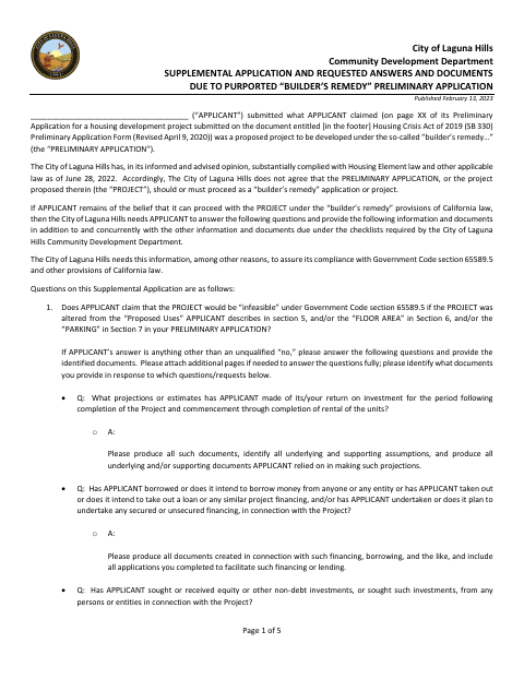 First page of the Builder’s Remedy Supplemental Application and Requested Answers