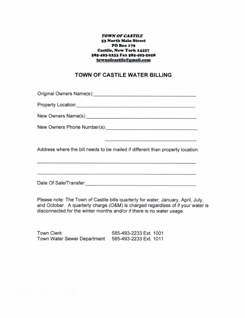 First page of the New Water Customer Form