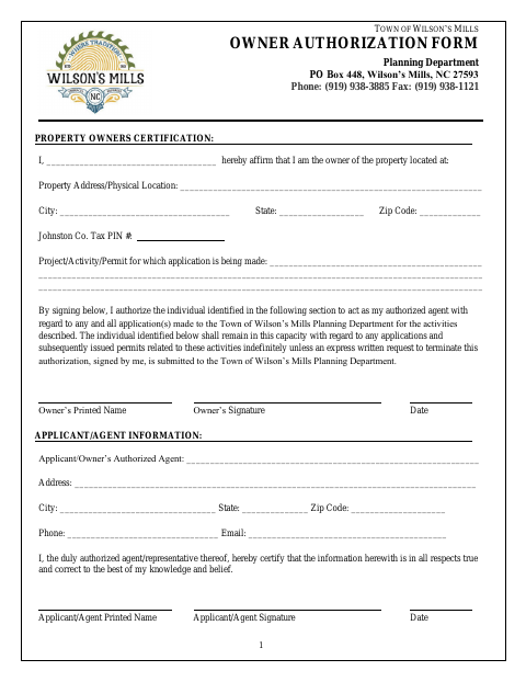 First page of the Owner Authorization Form