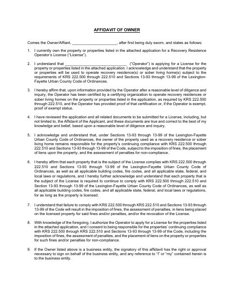 First page of the Recovery Residence Affidavit of Owner