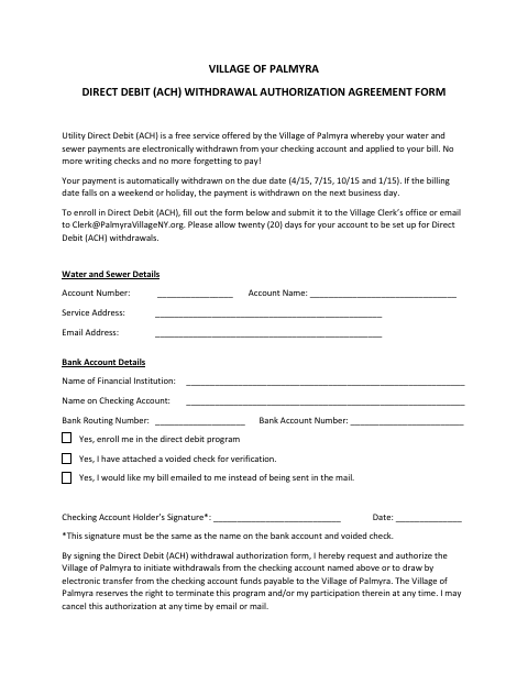 First page of the Direct Debit (ACH) Withdrawal Authorization Agreement Form