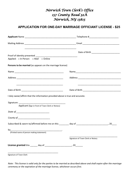 First page of the Application for One-Day Marriage Officiant License