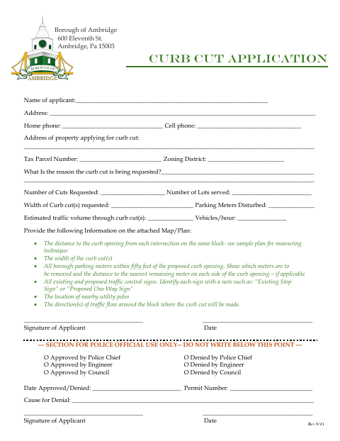 First page of the Curb Cut Permit Application