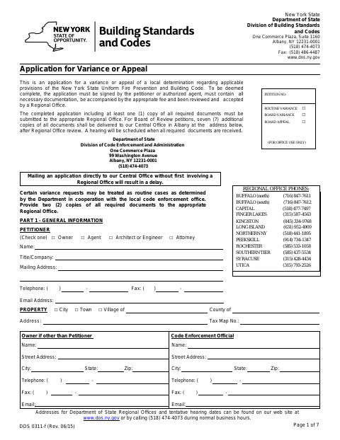 First page of the New York State Application for Variance or Appeal