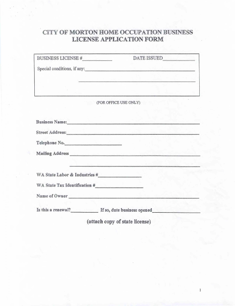 First page of the Home Occupation Business License Application