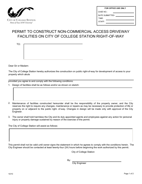First page of the Permit to Construct Non-Commercial Access Driveway Facilities on City Right-of-Way