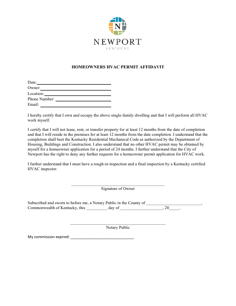 First page of the Homeowners HVAC Permit Affidavit