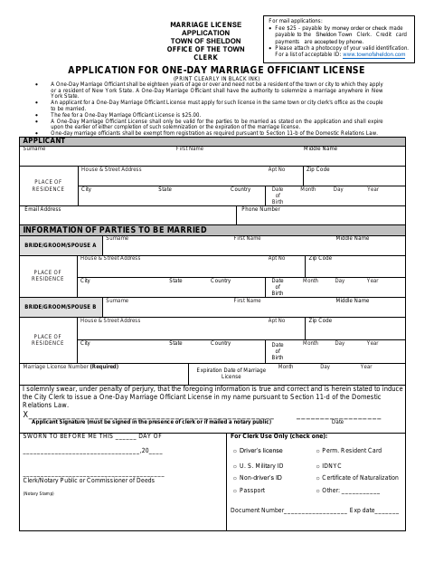 First page of the One-Day Marriage Officiant License Application