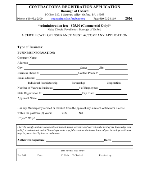 First page of the Contractors Registration Application