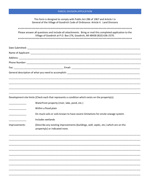 First page of the Parcel Division Application