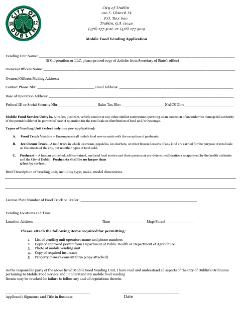 First page of the Mobile Food Vending Application